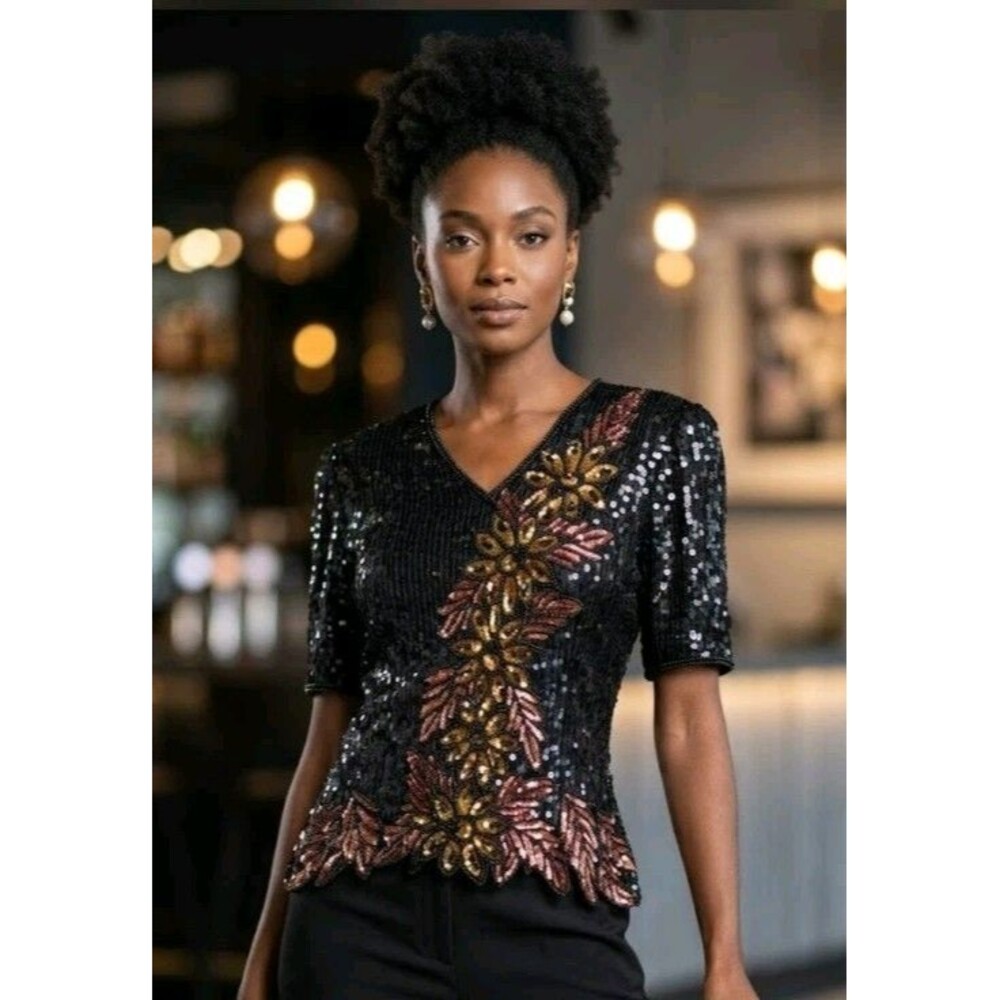 Stenay M Elegant Blouse 100% Silk Black Beaded Floral Sequin V Neck Zip